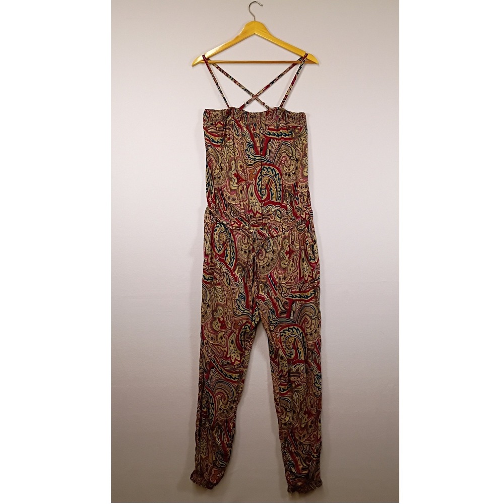 Boho Festival Promod Womens Medium Red Paisley Smocked Drawstring Jumpsuit